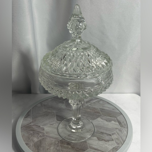 Source Unknown Other - Vintage MCM Glass Diamond Point Clear Glass Lidded Candy/Nut Dish Elegant Classy